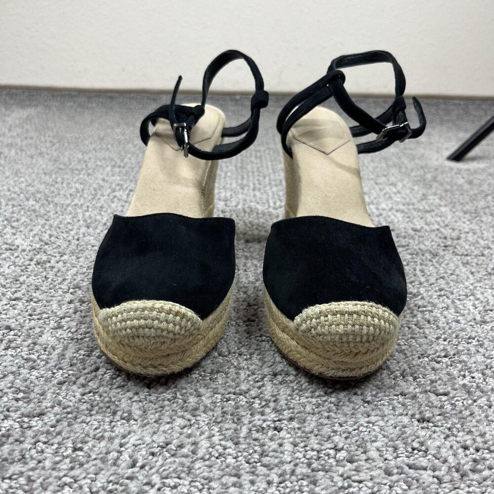Crown Vintage Wedge Sandals Womens 7.5 Black Suede Espadrille Ankle Strap - Picture 2 of 9